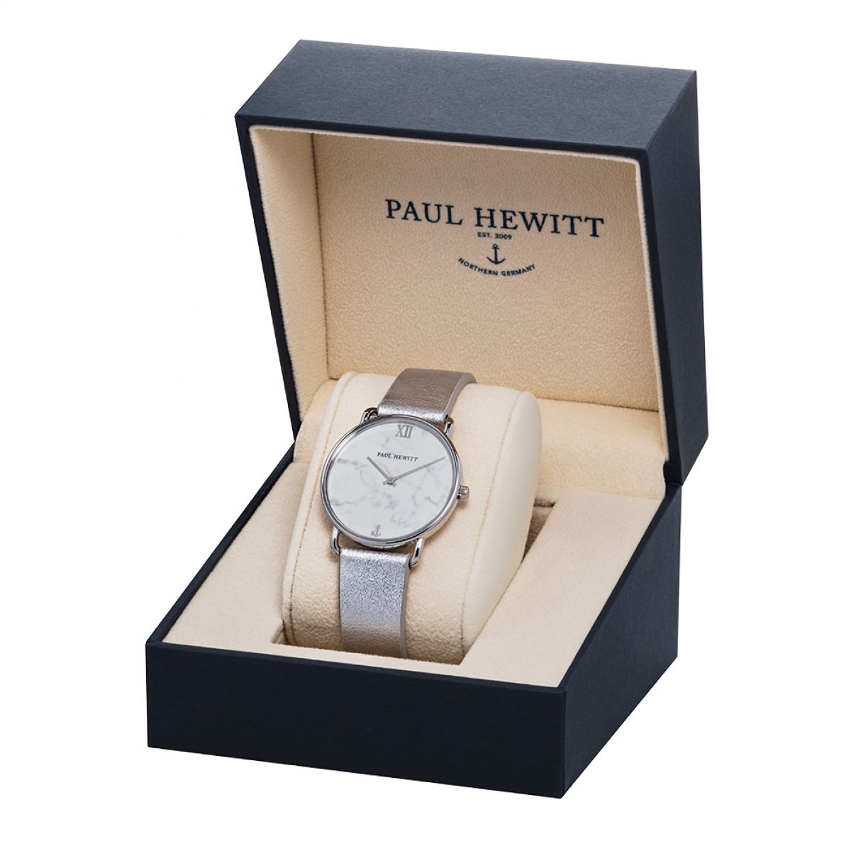 Paul Hewitt PH Miss Ocean Line Marble SS Leather Liguid Silver 33mm PH-M-S-M-28S
