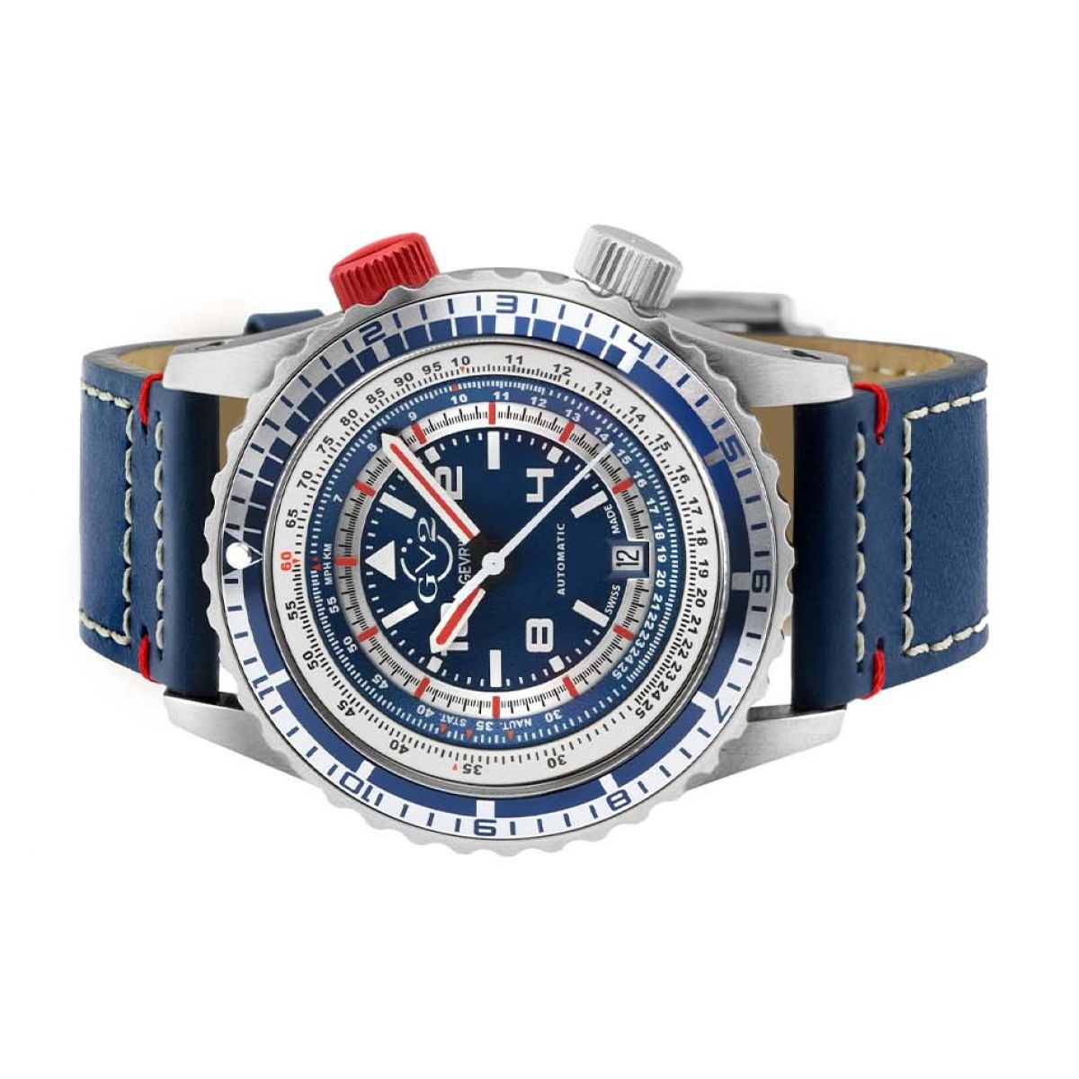 Gevril GV2 Contasecondi Men's Blue/Red Dial Blue Calfskin Leather Watch 3507 Heren Horloge
