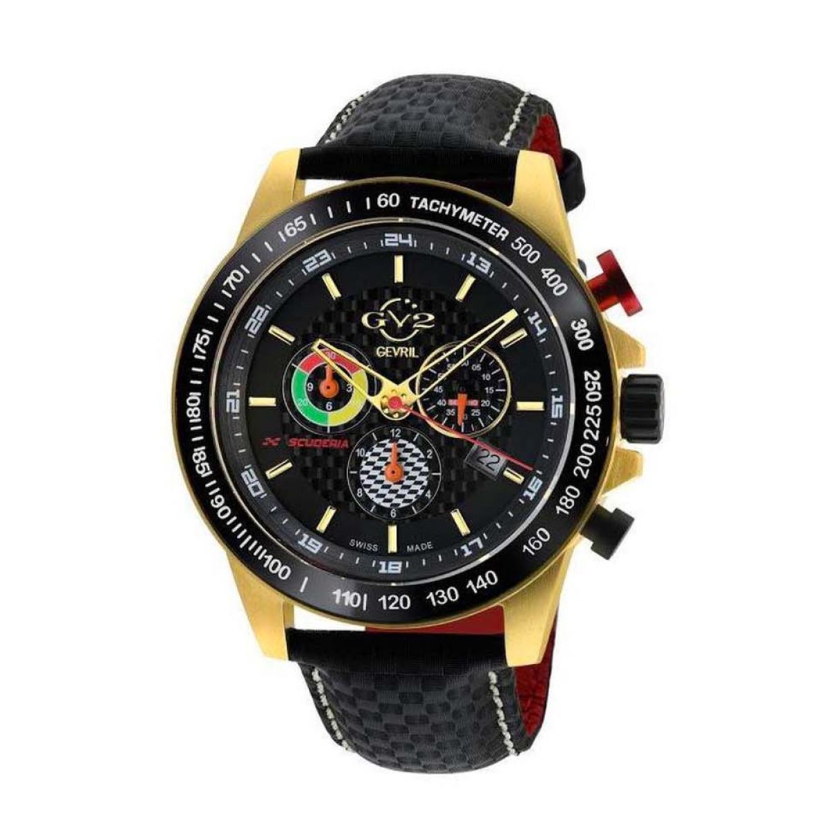 Gevril GV2 Men's Scuderia Black Dial Black Leather Chronograph Date Watch 9922