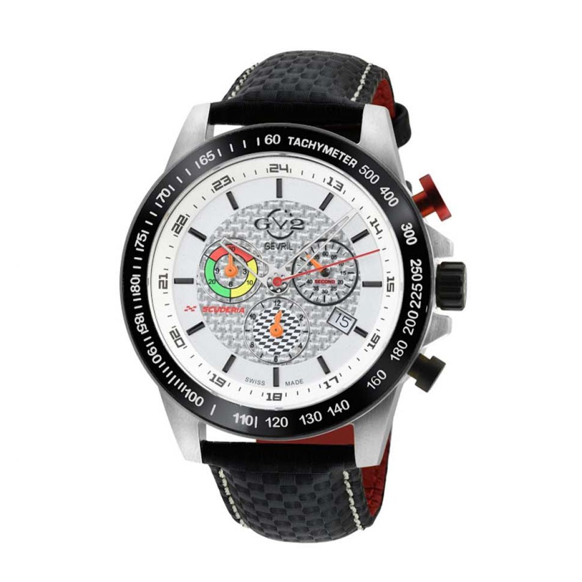 Gevril GV2 Men's Scuderia White Dial Black Leather Chronograph Date Watch 9920
