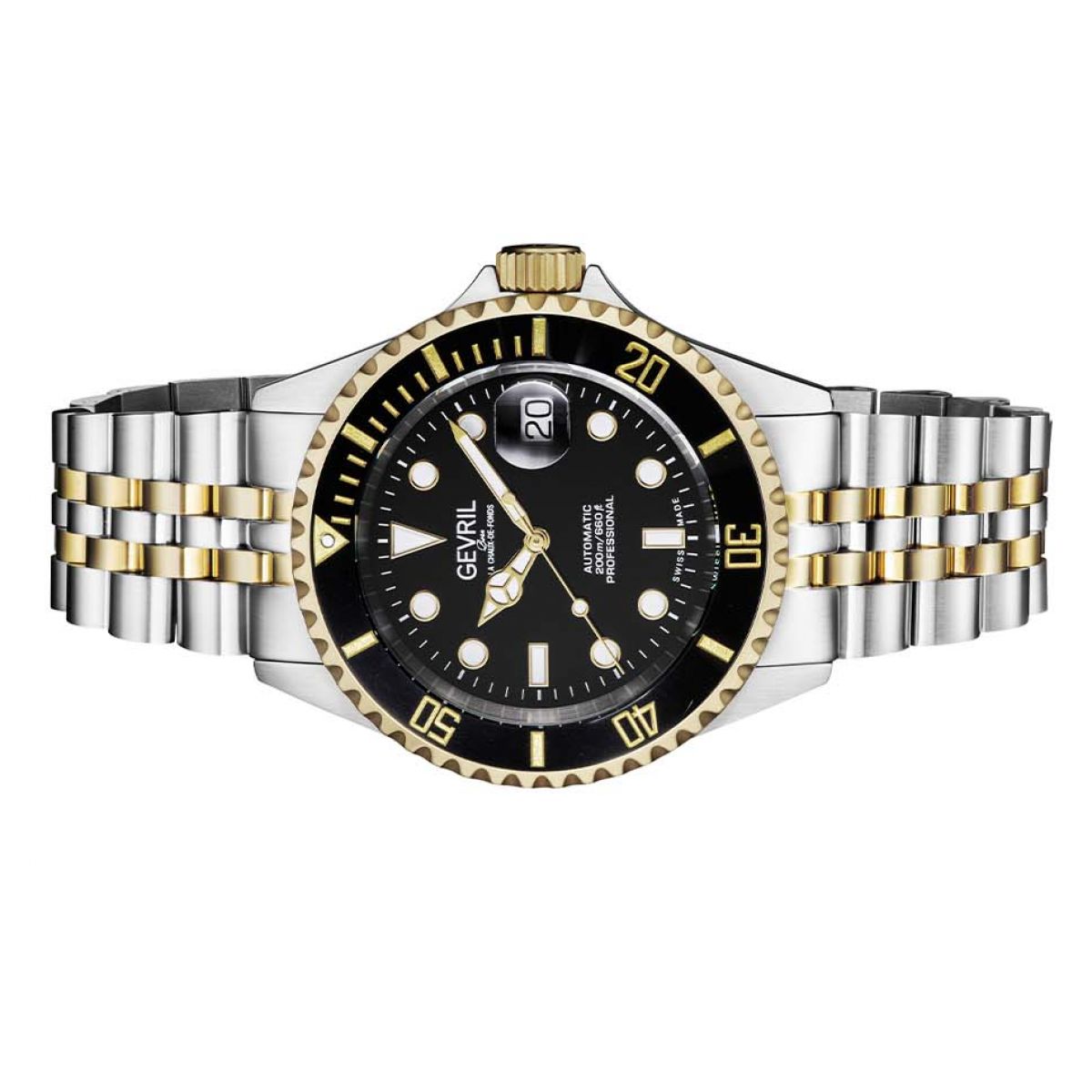 Gevril Men's Wall Street Black Dial Two Tone IP Gold Stainless Steel Bracelet Watch 4855B Heren Horloge