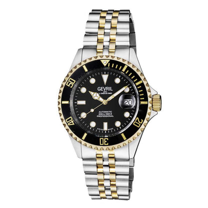 Gevril Men's Wall Street Black Dial Two Tone IP Gold Stainless Steel Bracelet Watch 4855B Heren Horloge