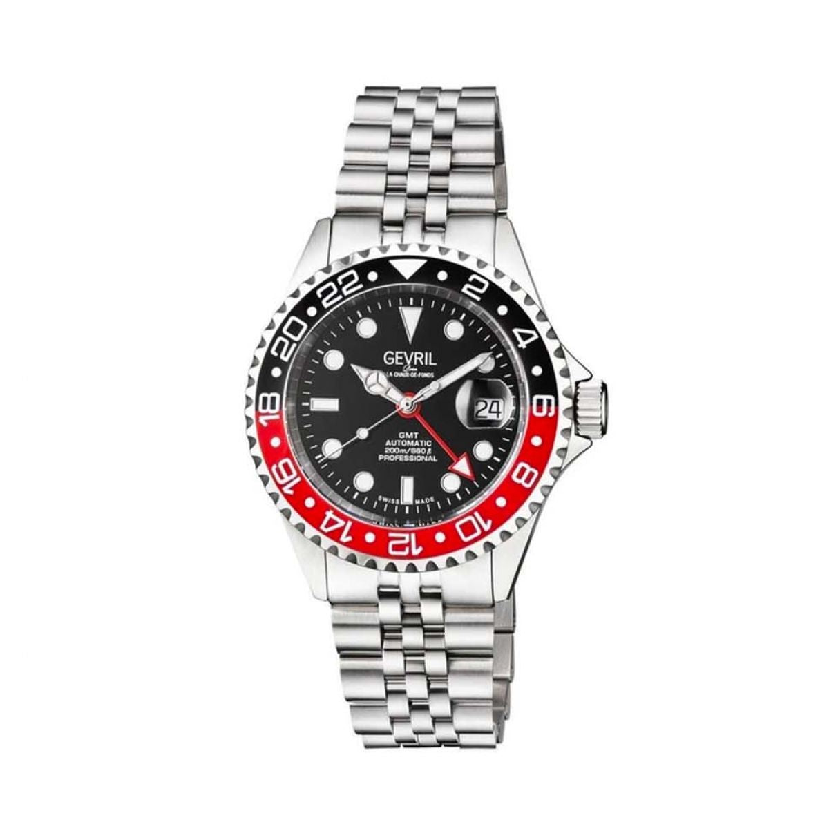 Gevril Men's Wall Street GMT Black Dial Ceramic BATMAN Stainless Steel Bracelet Watch 4954B Heren Horloge