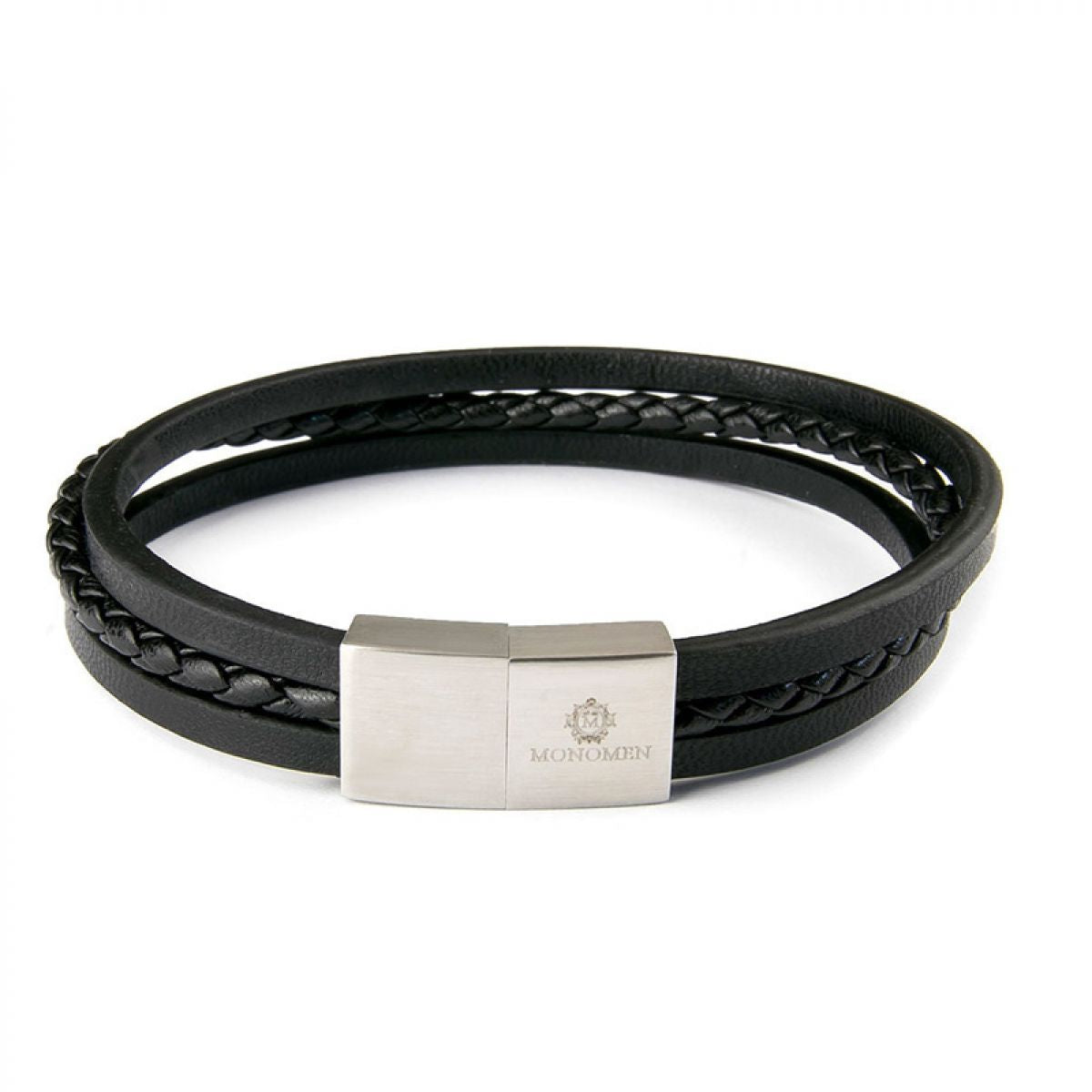 Monomen Men's Black Leather Triple Strap Silver Clasp Bracelet MM10792