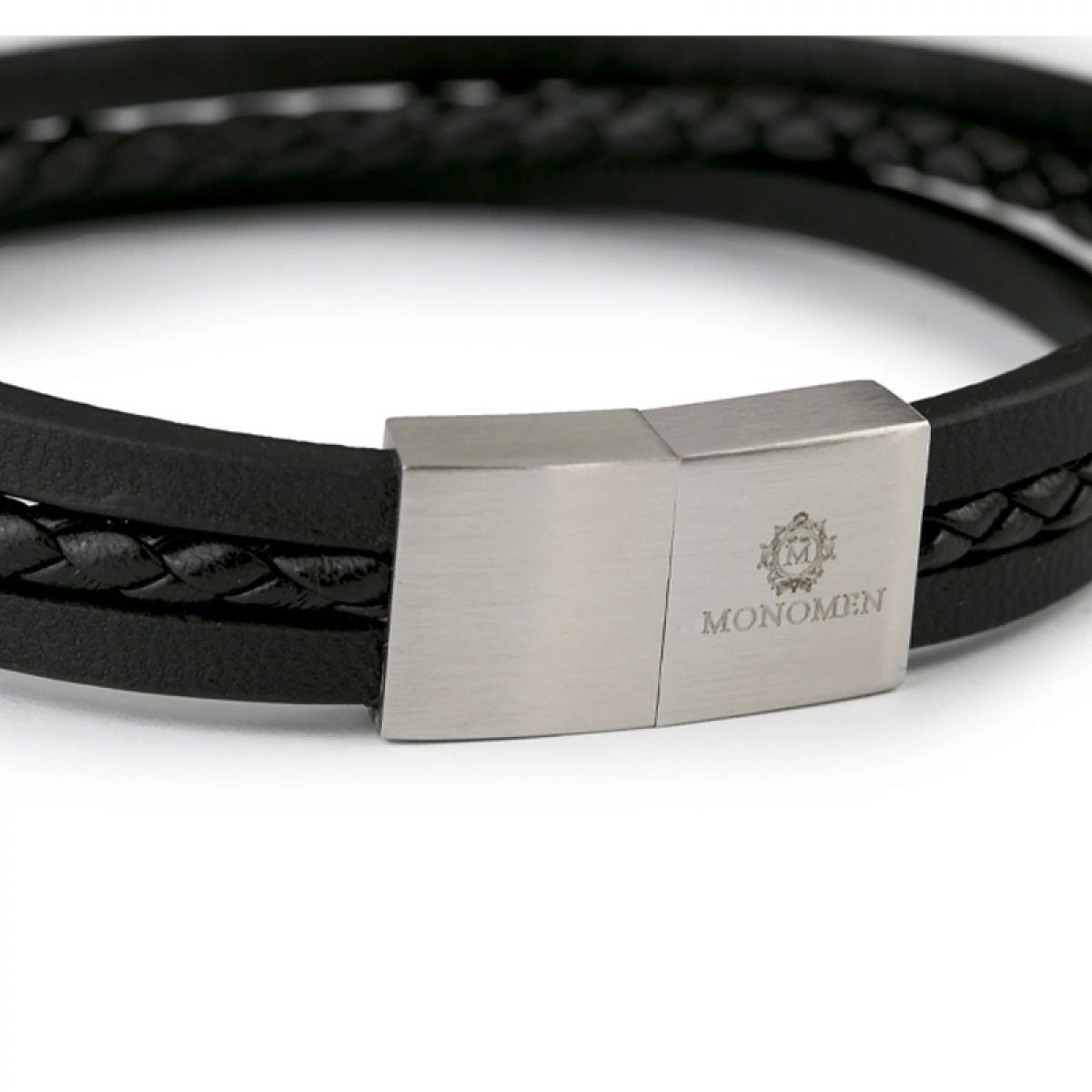 Monomen Men's Black Leather Triple Strap Silver Clasp Bracelet MM10792