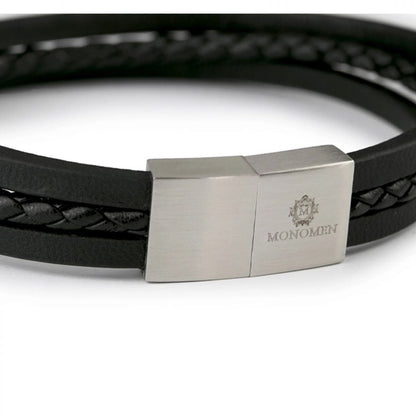 Monomen Men's Black Leather Triple Strap Silver Clasp Bracelet MM10792