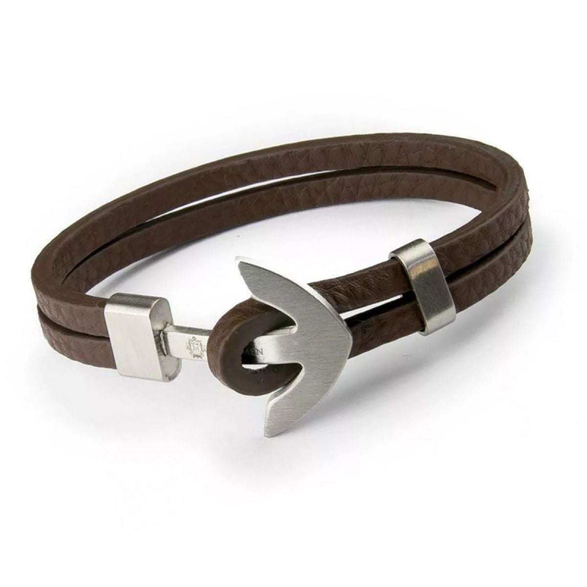 Monomen Men's Brown Leather Silver Anchor Bracelet MM10812